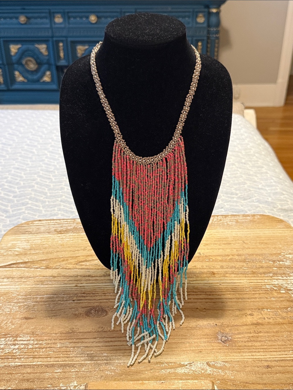 Vintage Native American Style Seed Beaded Large Bib Pendant Statement Necklace